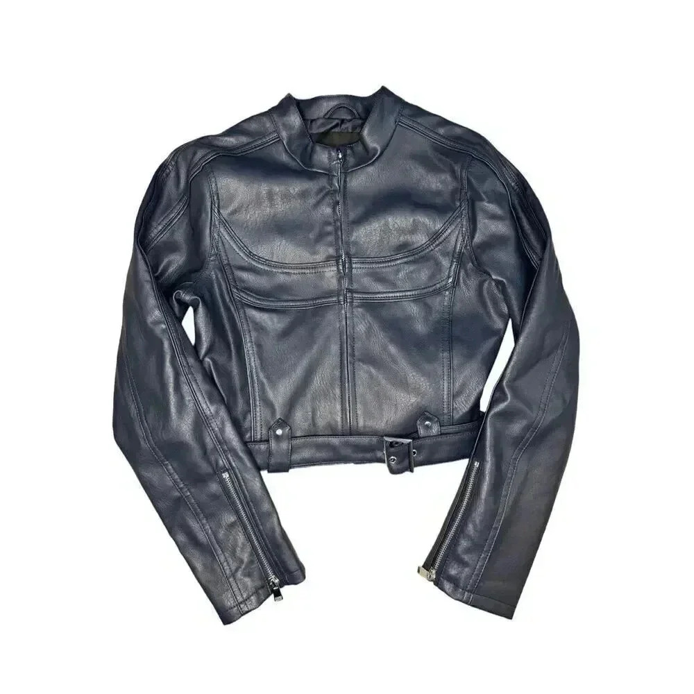 NWOT Urban Outfitters size xs vegan leather‎ navy bomber jacket with belt